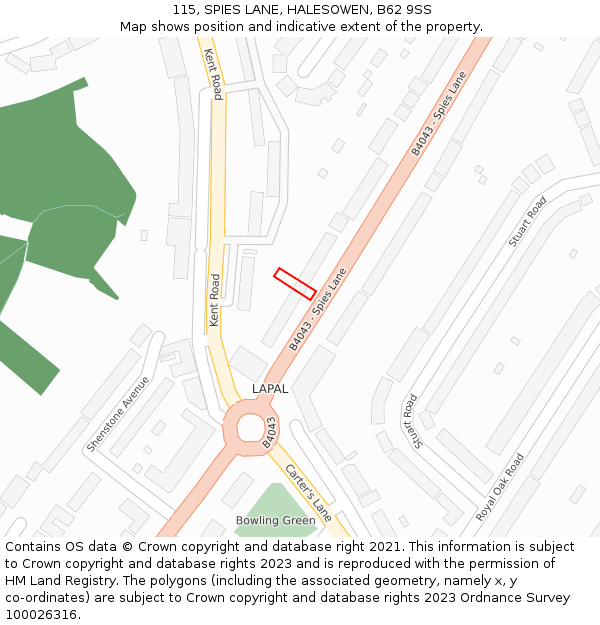 115, SPIES LANE, HALESOWEN, B62 9SS: Location map and indicative extent of plot
