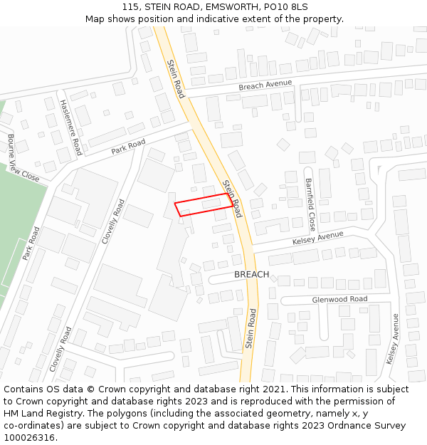 115, STEIN ROAD, EMSWORTH, PO10 8LS: Location map and indicative extent of plot