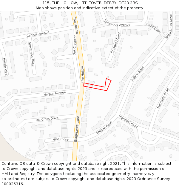 115, THE HOLLOW, LITTLEOVER, DERBY, DE23 3BS: Location map and indicative extent of plot