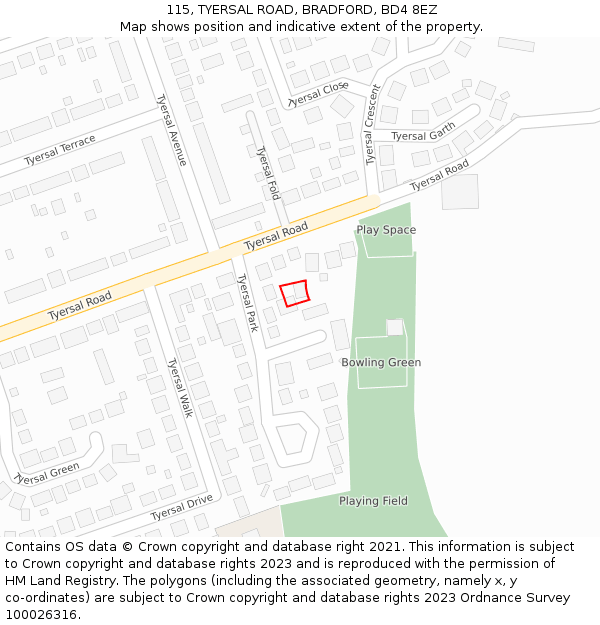 115, TYERSAL ROAD, BRADFORD, BD4 8EZ: Location map and indicative extent of plot