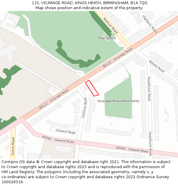 115, VICARAGE ROAD, KINGS HEATH, BIRMINGHAM, B14 7QG: Location map and indicative extent of plot