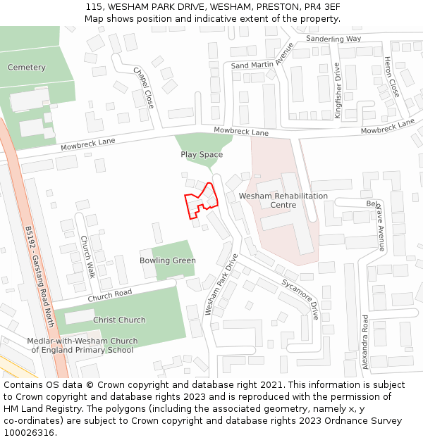 115, WESHAM PARK DRIVE, WESHAM, PRESTON, PR4 3EF: Location map and indicative extent of plot