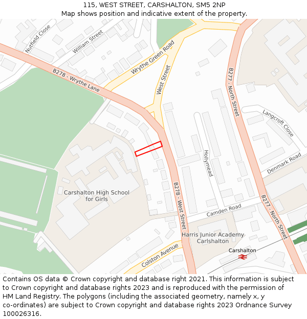 115, WEST STREET, CARSHALTON, SM5 2NP: Location map and indicative extent of plot