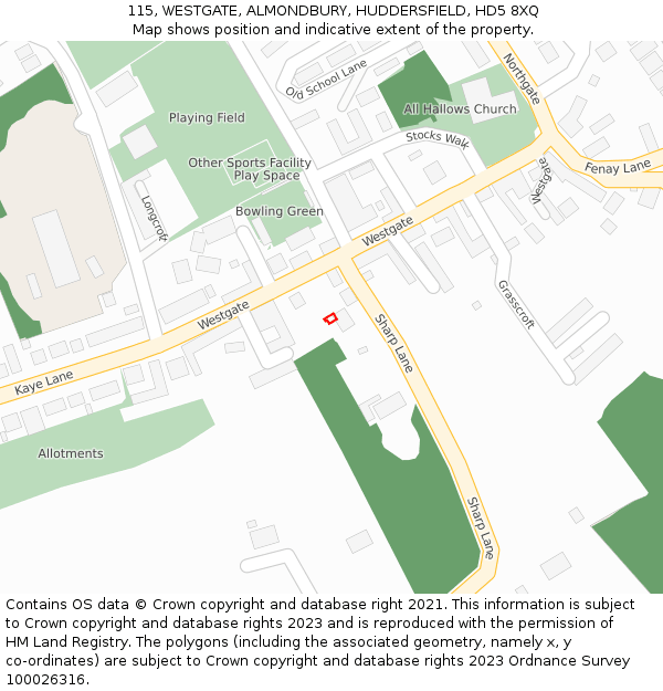 115, WESTGATE, ALMONDBURY, HUDDERSFIELD, HD5 8XQ: Location map and indicative extent of plot