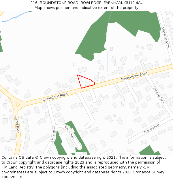 116, BOUNDSTONE ROAD, ROWLEDGE, FARNHAM, GU10 4AU: Location map and indicative extent of plot