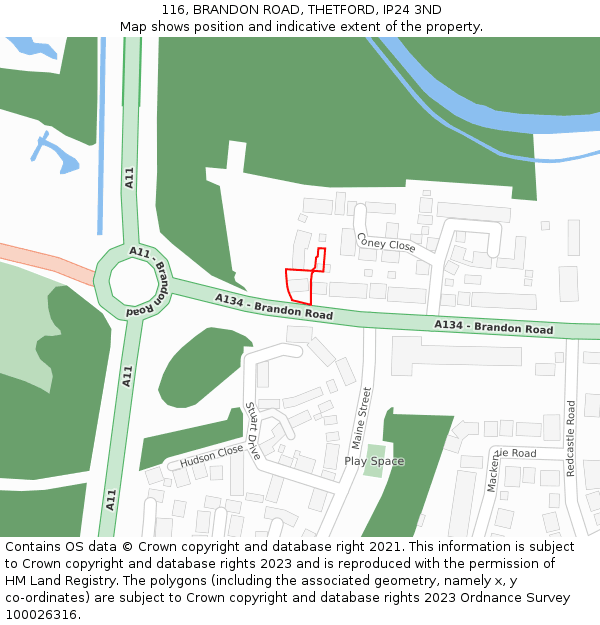 116, BRANDON ROAD, THETFORD, IP24 3ND: Location map and indicative extent of plot