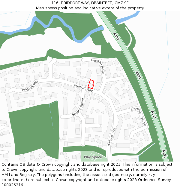 116, BRIDPORT WAY, BRAINTREE, CM7 9FJ: Location map and indicative extent of plot