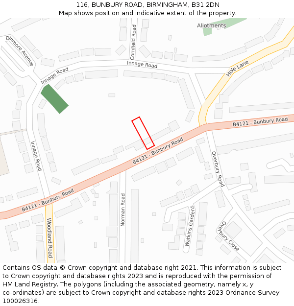 116, BUNBURY ROAD, BIRMINGHAM, B31 2DN: Location map and indicative extent of plot