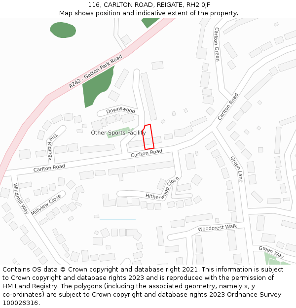 116, CARLTON ROAD, REIGATE, RH2 0JF: Location map and indicative extent of plot