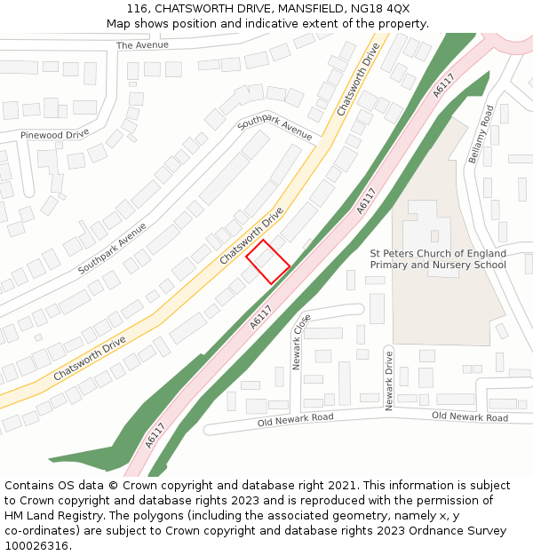 116, CHATSWORTH DRIVE, MANSFIELD, NG18 4QX: Location map and indicative extent of plot