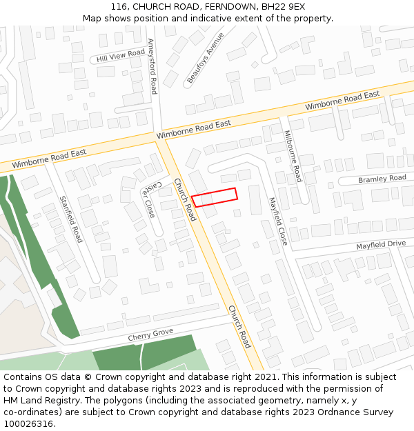 116, CHURCH ROAD, FERNDOWN, BH22 9EX: Location map and indicative extent of plot