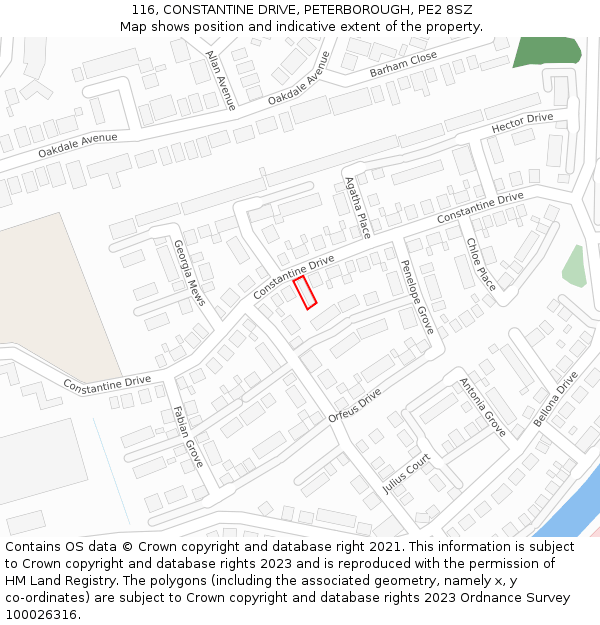 116, CONSTANTINE DRIVE, PETERBOROUGH, PE2 8SZ: Location map and indicative extent of plot