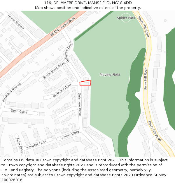 116, DELAMERE DRIVE, MANSFIELD, NG18 4DD: Location map and indicative extent of plot