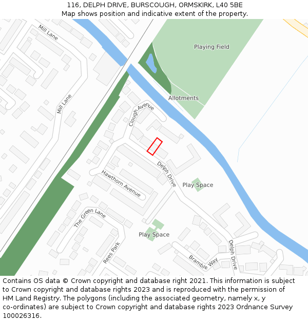 116, DELPH DRIVE, BURSCOUGH, ORMSKIRK, L40 5BE: Location map and indicative extent of plot