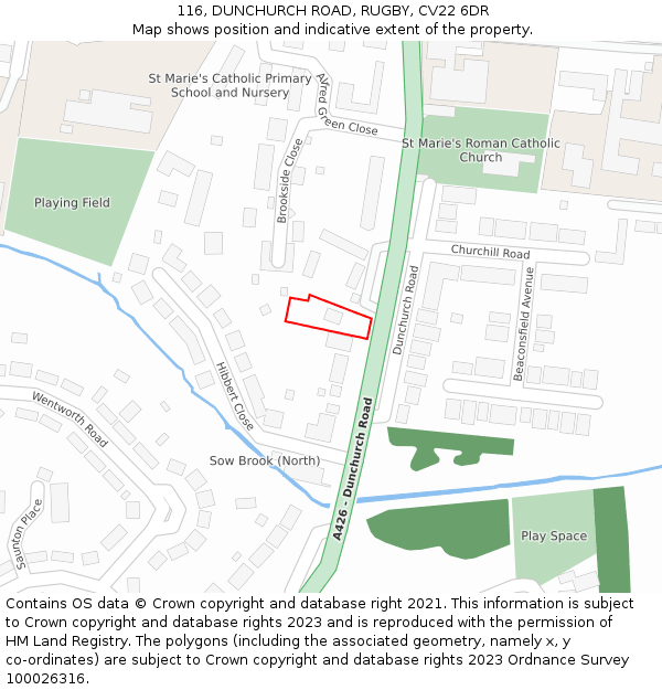 116, DUNCHURCH ROAD, RUGBY, CV22 6DR: Location map and indicative extent of plot