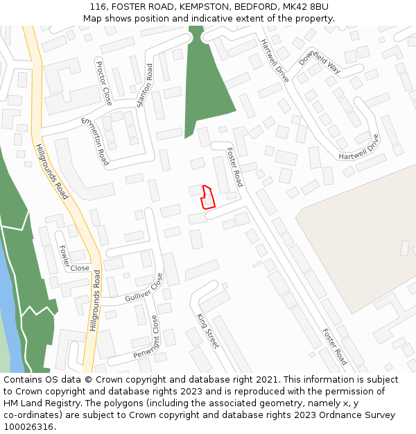 116, FOSTER ROAD, KEMPSTON, BEDFORD, MK42 8BU: Location map and indicative extent of plot