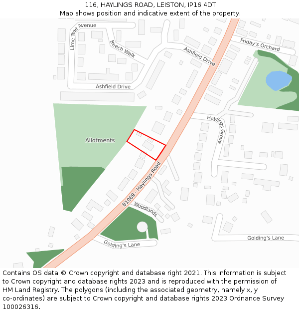 116, HAYLINGS ROAD, LEISTON, IP16 4DT: Location map and indicative extent of plot