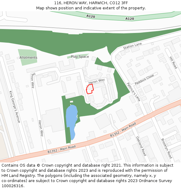 116, HERON WAY, HARWICH, CO12 3FF: Location map and indicative extent of plot