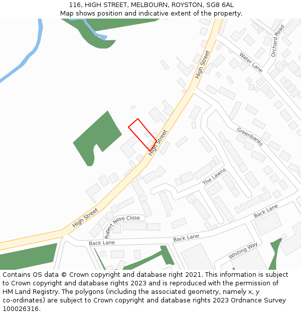 116, HIGH STREET, MELBOURN, ROYSTON, SG8 6AL: Location map and indicative extent of plot