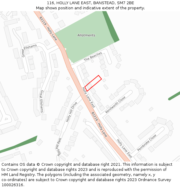 116, HOLLY LANE EAST, BANSTEAD, SM7 2BE: Location map and indicative extent of plot