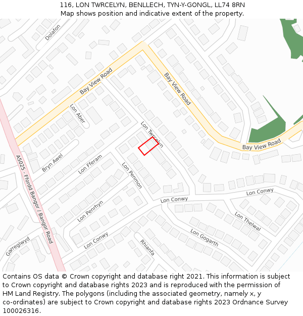 116, LON TWRCELYN, BENLLECH, TYN-Y-GONGL, LL74 8RN: Location map and indicative extent of plot
