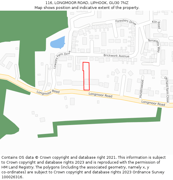 116, LONGMOOR ROAD, LIPHOOK, GU30 7NZ: Location map and indicative extent of plot