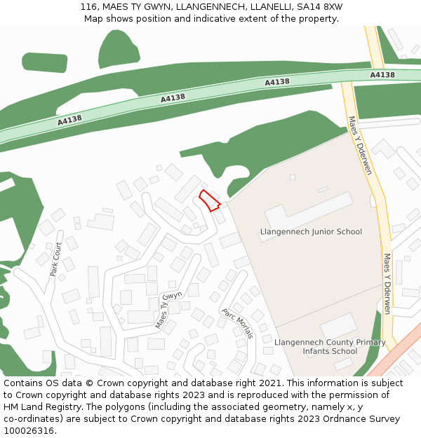 116, MAES TY GWYN, LLANGENNECH, LLANELLI, SA14 8XW: Location map and indicative extent of plot