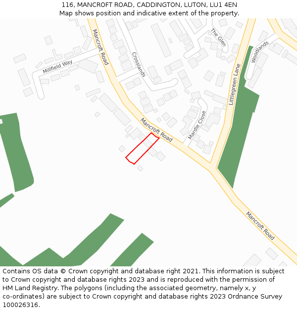 116, MANCROFT ROAD, CADDINGTON, LUTON, LU1 4EN: Location map and indicative extent of plot