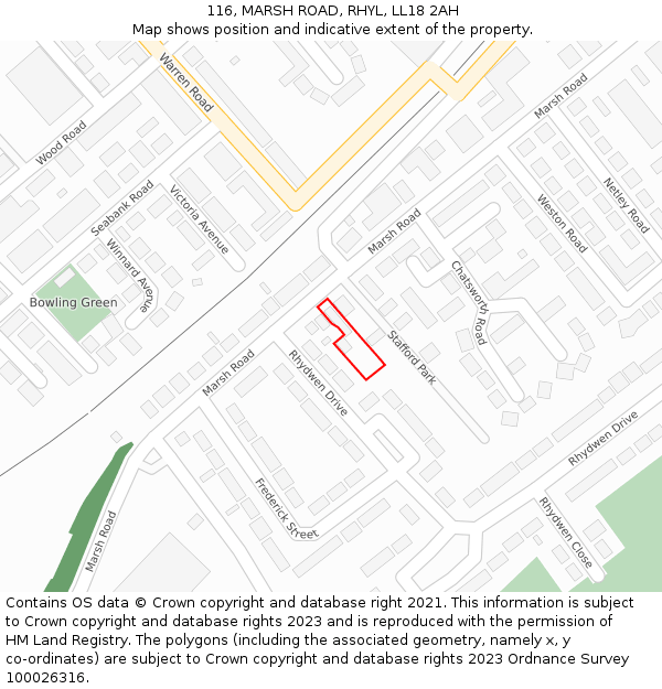 116, MARSH ROAD, RHYL, LL18 2AH: Location map and indicative extent of plot