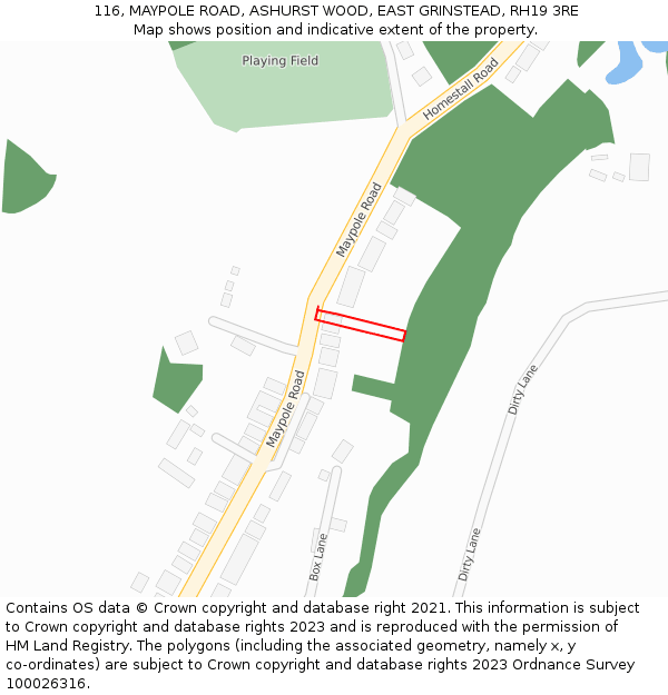 116, MAYPOLE ROAD, ASHURST WOOD, EAST GRINSTEAD, RH19 3RE: Location map and indicative extent of plot