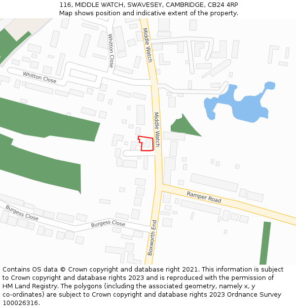116, MIDDLE WATCH, SWAVESEY, CAMBRIDGE, CB24 4RP: Location map and indicative extent of plot