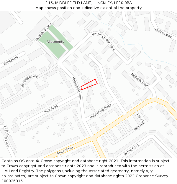116, MIDDLEFIELD LANE, HINCKLEY, LE10 0RA: Location map and indicative extent of plot