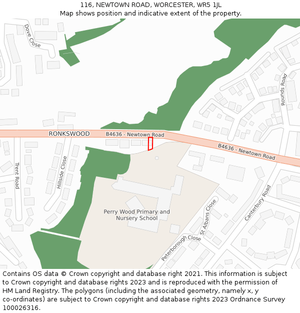 116, NEWTOWN ROAD, WORCESTER, WR5 1JL: Location map and indicative extent of plot