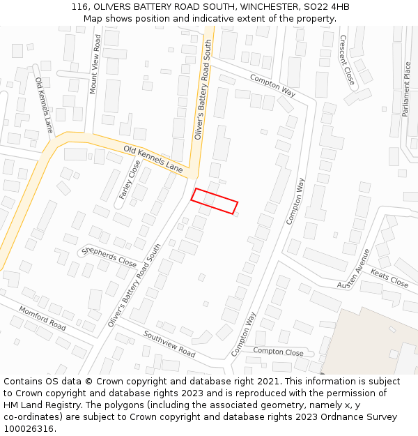 116, OLIVERS BATTERY ROAD SOUTH, WINCHESTER, SO22 4HB: Location map and indicative extent of plot