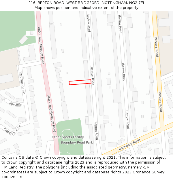 116, REPTON ROAD, WEST BRIDGFORD, NOTTINGHAM, NG2 7EL: Location map and indicative extent of plot