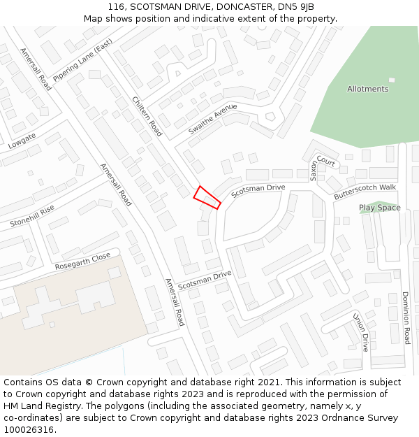 116, SCOTSMAN DRIVE, DONCASTER, DN5 9JB: Location map and indicative extent of plot