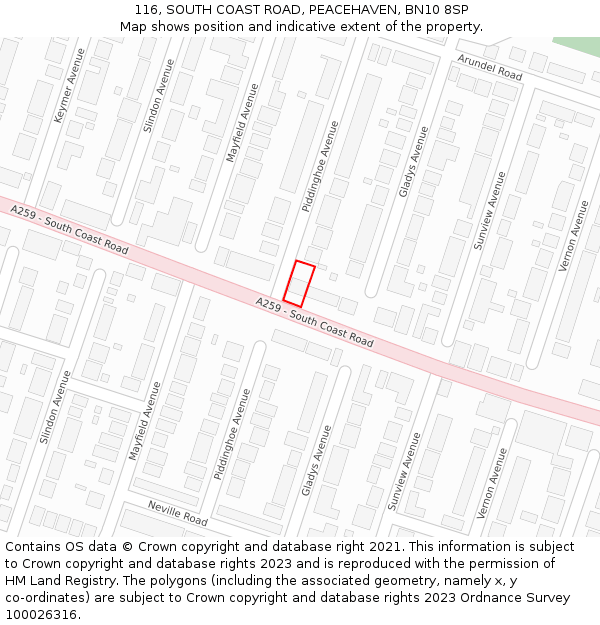 116, SOUTH COAST ROAD, PEACEHAVEN, BN10 8SP: Location map and indicative extent of plot