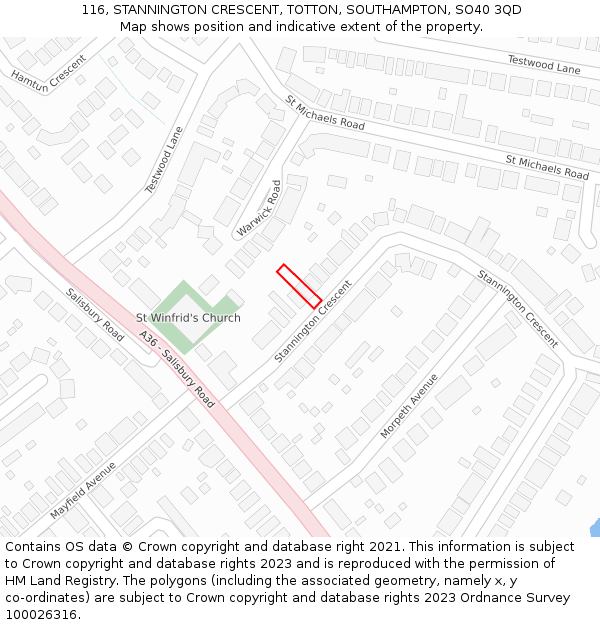 116, STANNINGTON CRESCENT, TOTTON, SOUTHAMPTON, SO40 3QD: Location map and indicative extent of plot