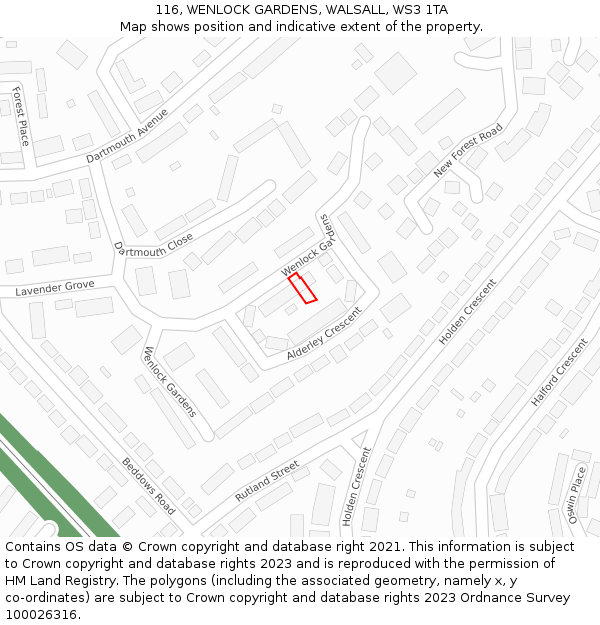 116, WENLOCK GARDENS, WALSALL, WS3 1TA: Location map and indicative extent of plot