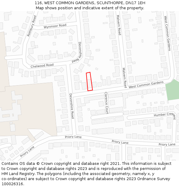116, WEST COMMON GARDENS, SCUNTHORPE, DN17 1EH: Location map and indicative extent of plot
