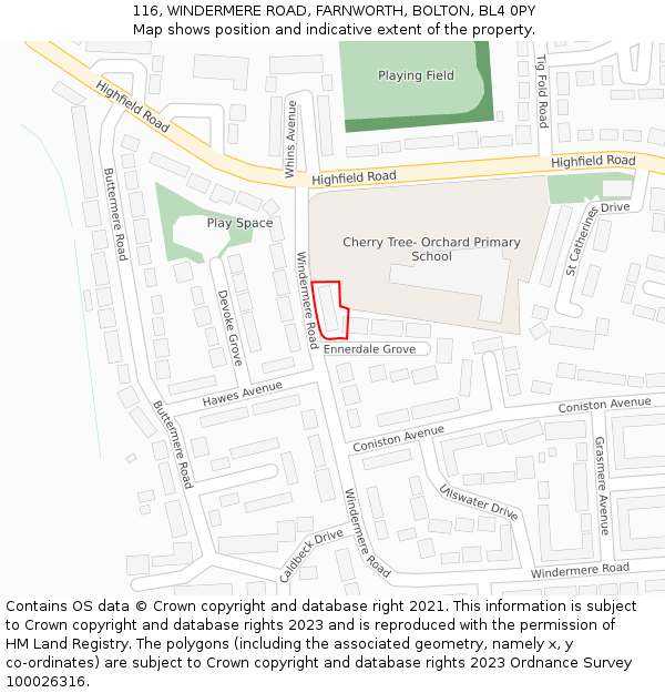 116, WINDERMERE ROAD, FARNWORTH, BOLTON, BL4 0PY: Location map and indicative extent of plot