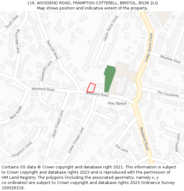 116, WOODEND ROAD, FRAMPTON COTTERELL, BRISTOL, BS36 2LQ: Location map and indicative extent of plot