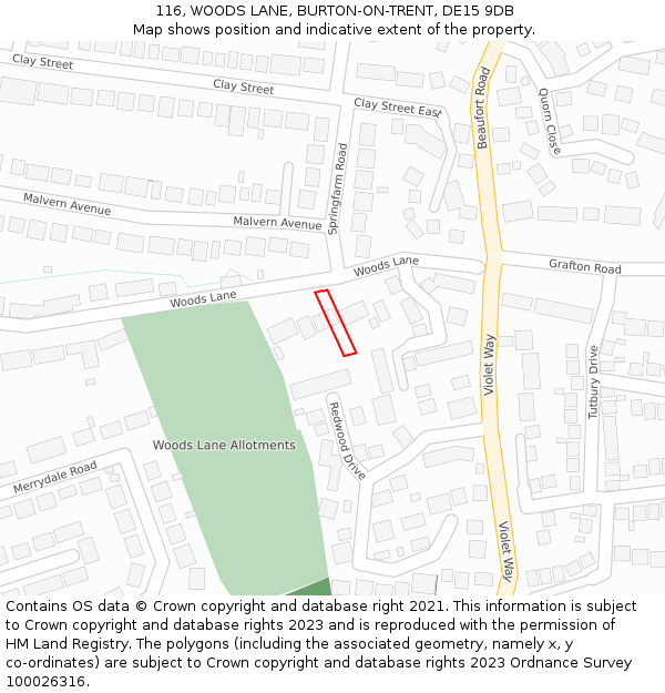 116, WOODS LANE, BURTON-ON-TRENT, DE15 9DB: Location map and indicative extent of plot