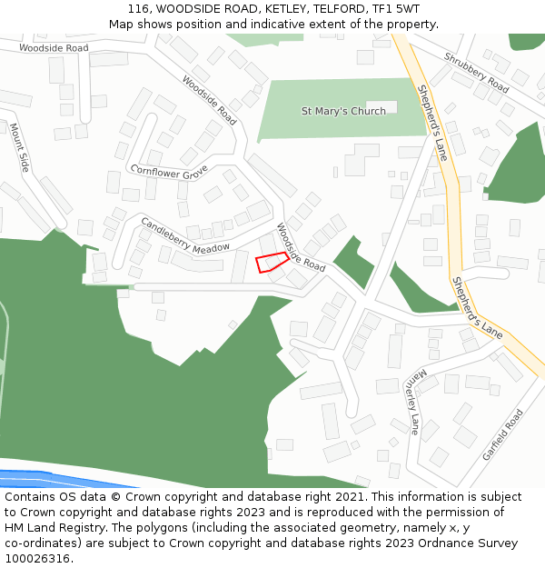 116, WOODSIDE ROAD, KETLEY, TELFORD, TF1 5WT: Location map and indicative extent of plot