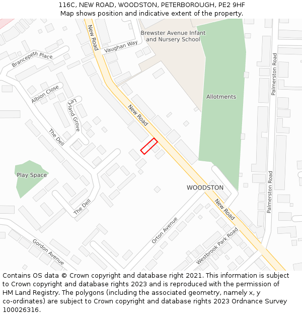 116C, NEW ROAD, WOODSTON, PETERBOROUGH, PE2 9HF: Location map and indicative extent of plot