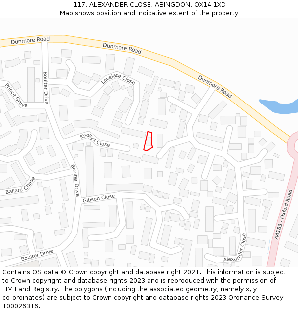117, ALEXANDER CLOSE, ABINGDON, OX14 1XD: Location map and indicative extent of plot