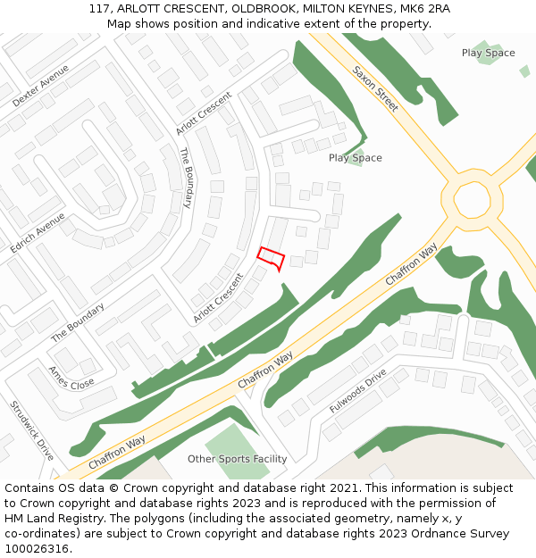 117, ARLOTT CRESCENT, OLDBROOK, MILTON KEYNES, MK6 2RA: Location map and indicative extent of plot