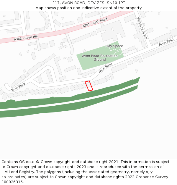117, AVON ROAD, DEVIZES, SN10 1PT: Location map and indicative extent of plot