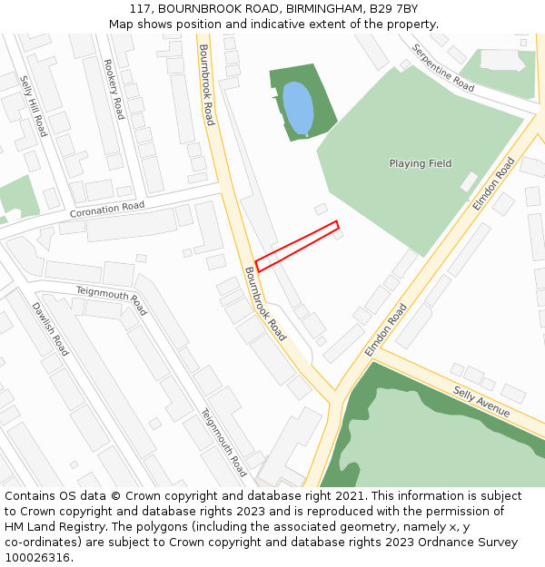 117, BOURNBROOK ROAD, BIRMINGHAM, B29 7BY: Location map and indicative extent of plot