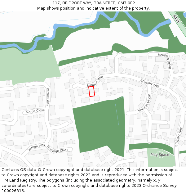 117, BRIDPORT WAY, BRAINTREE, CM7 9FP: Location map and indicative extent of plot